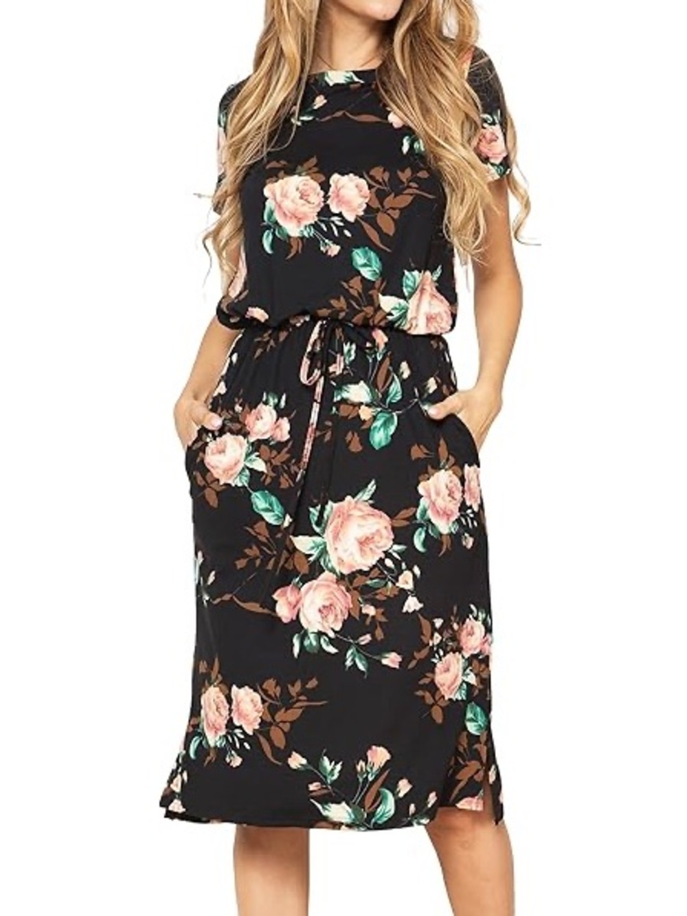 Amazon Black Floral Stretchy Midi Dress